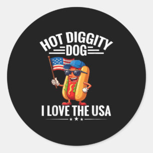 Hett Diggity Hund I Kärlek USA Flagga Hotdog 4:e Runt Klistermärke