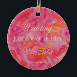 Hett Färg Romantic Bröllop Julgransprydnad Keramik<br><div class="desc">Shock rosa, Orange och Golden Gult snurrar i detta romantiska men moderna utseende. Den enda stjälken av gyllene acacacia med gult ligger i nedre hörnet och i mitten bak. Ljusstark färg målar i en abstrakt snurra. Orange som valts för ett ram gräns på anpassningsbarnas fotoområde på motsatt sida, men du...</div>