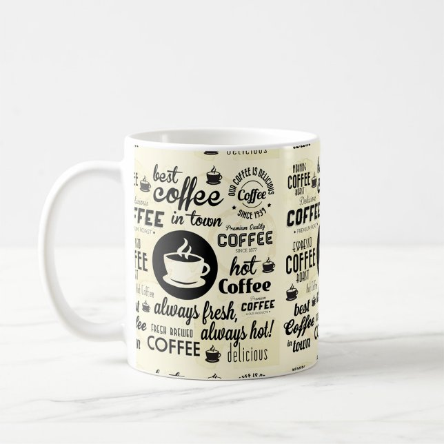 Hett färsk kaffemugg (A close-up shot of a coffee mug adorned with various playful typography!)