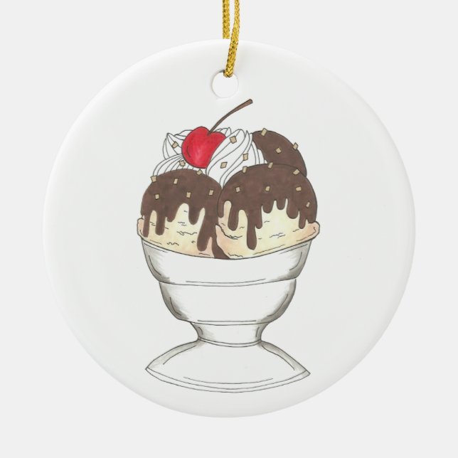 Hett Fudge Ice Cream Sundae Valentines Day Foodie Julgransprydnad Keramik (Framsidan)