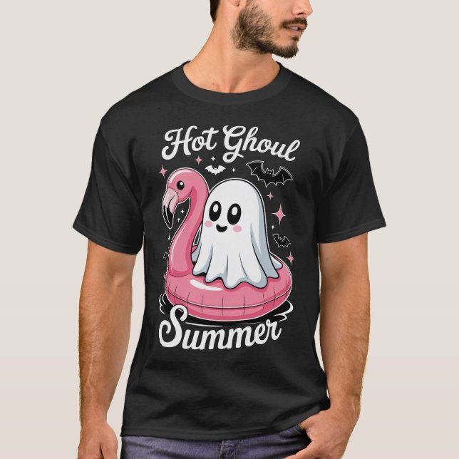 Hett Ghoul Summer Flamingo Ghost Summerween T Shirt (Framsida)