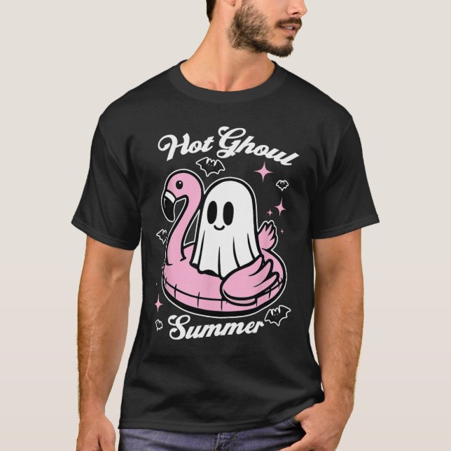 Hett Ghoul Summer Flamingo Ghost Summerween T Shirt (Framsida)