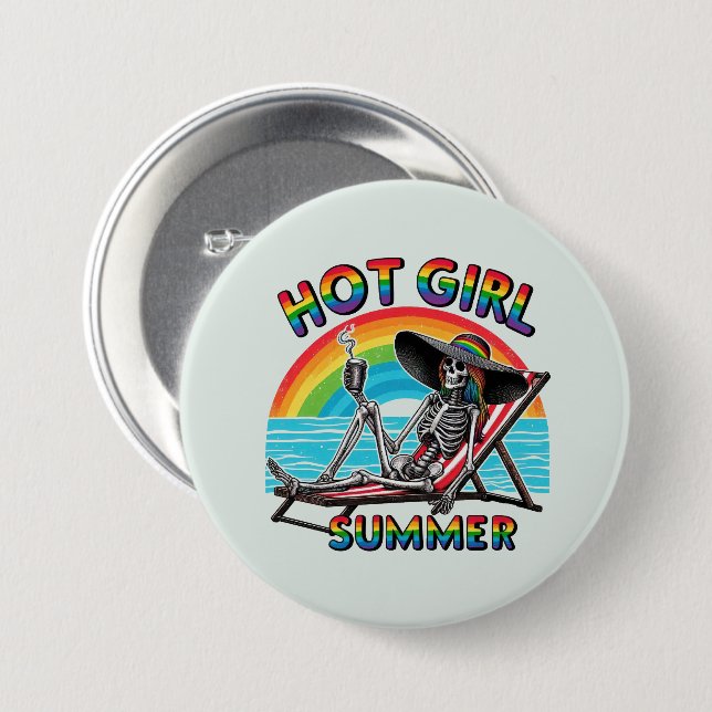 Hett Girl Summer Skeleton Retro Beach Design Knapp (Framsida & baksida)