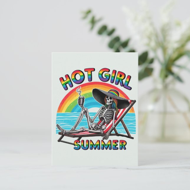 Hett Girl Summer Skeleton Retro Beach Design Vykort (Stående Fram)