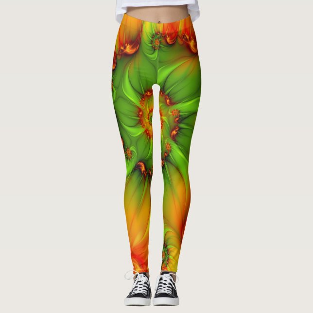 Hett Grönt Orange Abstrakt   Färgfläckig factal Leggings (Framsida)