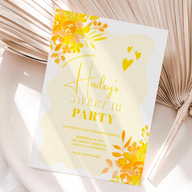 Hett gult vågigt ram boho blommigt Sweet 16 Inbjudningar (Skapare uppladdad)