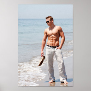 Hett Guy Bare Chest Muscular Abs Beach Shirtless Poster