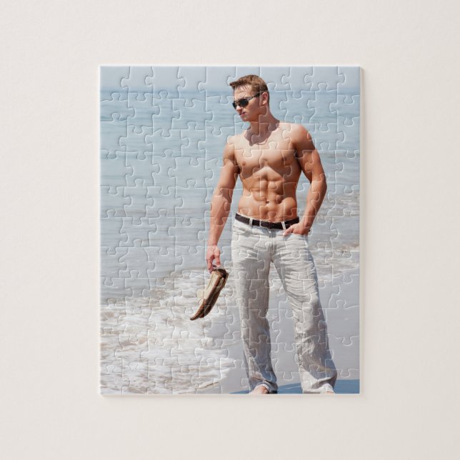Hett Guy Bare Chest Muscular Abs Beach Shirtless Pussel (Vertikal)