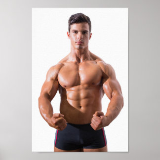 Hett Guy Flexes Muscles Sexy Shirtless Man Hunk Poster