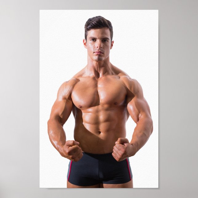 Hett Guy Flexes Muscles Sexy Shirtless Man Hunk Poster (Framsidan)