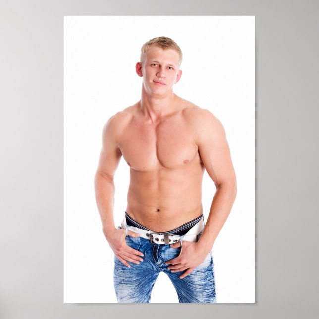 Hett Guy Sexy Shirtless Muscle Blond Hunk in Jeans Poster (Framsidan)