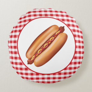 Hett Hund Fast Food Illustration on Red Gingham Rund Kudde