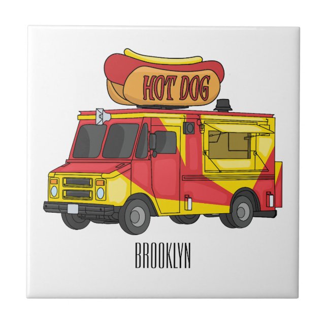 Hett hund food lastbil tecknad illustration kakelplatta (Framsidan)