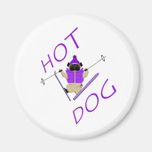 Hett Hund Funny Skiing Pug Lila Jacka och Skis Magnet