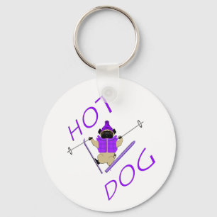 Hett Hund Funny Skiing Pug Lila Jacka och Skis Nyckelring