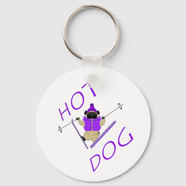 Hett Hund Funny Skiing Pug Lila Jacka och Skis Nyckelring (Framsida)