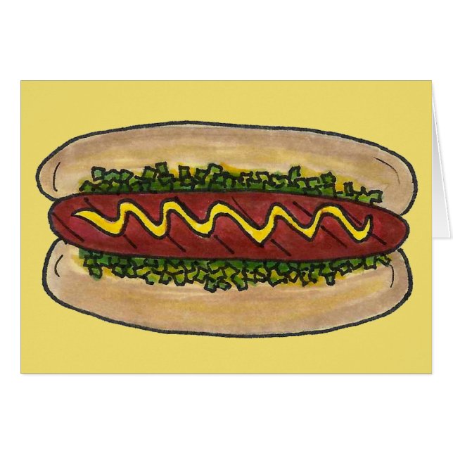 Hett Hund Hotdog Mustard Relish Bun Picnic Cookout Hälsningskort (Framsidan Horizontal)