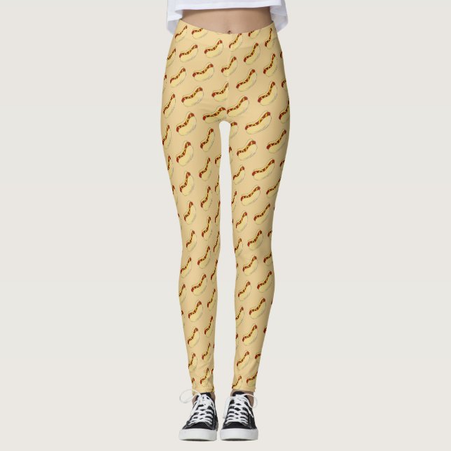 Hett Hund med Gult Mustard Fast Food Foodie Hotdog Leggings (Framsida)