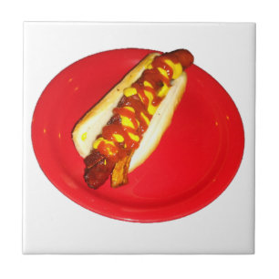 Hett Hund med Ketchup och Mustard Kakelplatta