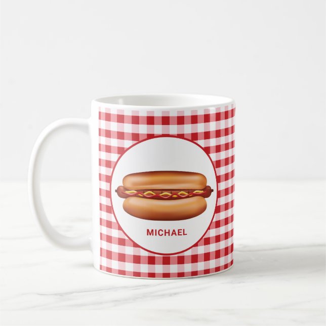 Hett Hund på röd Gingham med Anpassningsbar Kaffemugg (Vänster)