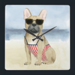 Hett Hund| Puppar i solglasögon vid stranden Fyrkantig Klocka<br><div class="desc">Den här vattenfärgen innehåller en valp i solglasögon som njuter av stranden| Efter Grace Popp</div>