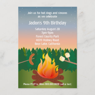 Hett Hundar och Smores Campfire Födelsedagsfest Inbjudningar