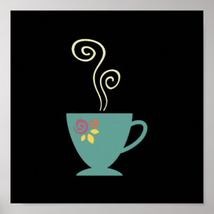 Hett kaffe mugg, retro blommigt porslinte kopp poster