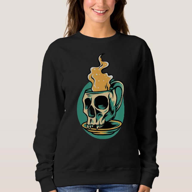 Hett Kaffe Skeleton Drinking Coffee T Shirt (Framsida)