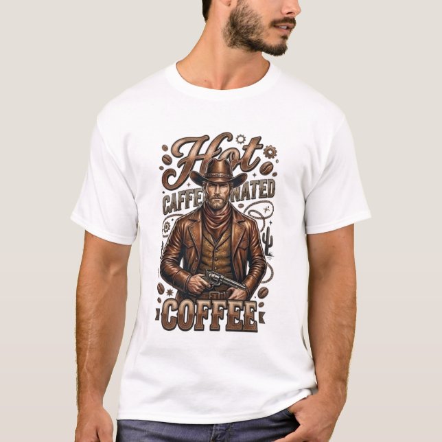 Hett Kaffeinerat Kaffe Retro Cowboy T-Shirt (Framsida)