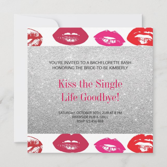Hett Kisses Silver Modern Chic Bachelorette Party Inbjudningar (Framsida)