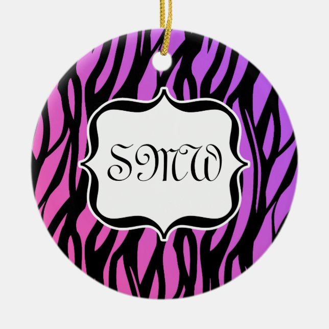 Hett Lila/Rosa Zebra ränder Monogram Julgransprydnad Keramik (Framsidan)