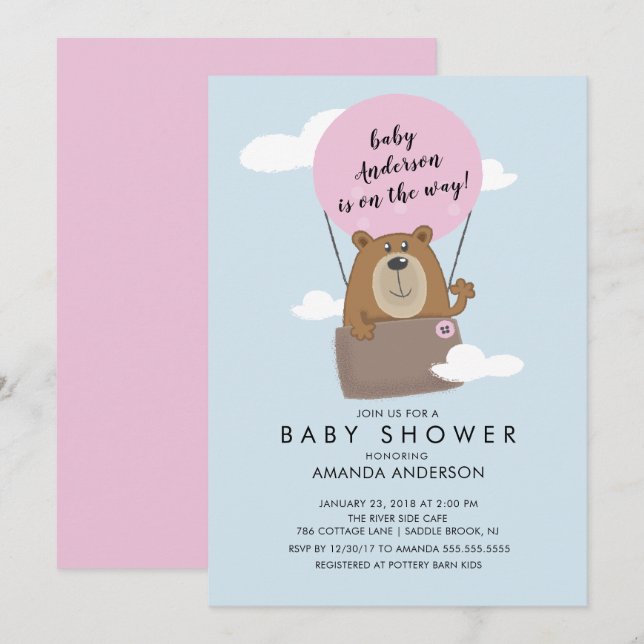 Hett Luft Ballon Bear Girls Babyduschinbjudan Inbjudningar (Fram/baksida)