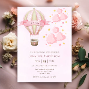 Hett Luft Ballon Rosa Elegant Girl Baby Shower Inbjudningar
