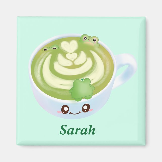 Hett Matcha Grönt Tea Latte med grodda grodor Magnet (Framsidan)