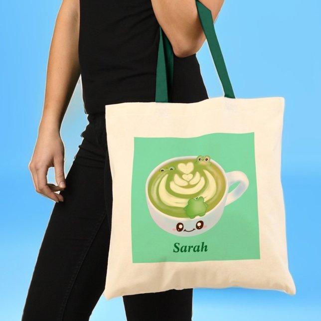 Hett Matcha Grönt Tea Latte med grodda grodor Tygkasse (Skapare uppladdad)