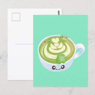 Hett Matcha Grönt Tea Latte med grodda grodor Vykort