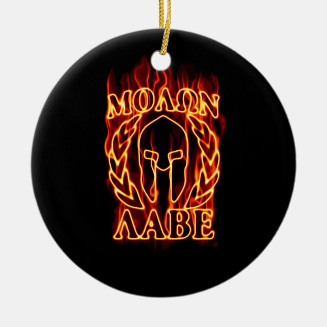 Hett Molon Labe Warrior Mask Laurels on Fire Julgransprydnad Keramik (Framsidan)