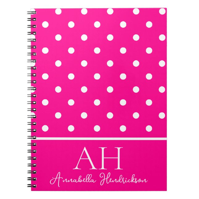 Hett Neon Rosa Polka dots Monogram Inledande Anteckningsbok (Framsidan)