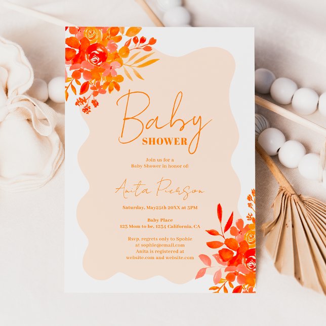 Hett orange vågigt ram boho blommigt babydusch inbjudningar (Hot orange wavy frame boho floral baby shower invitation)