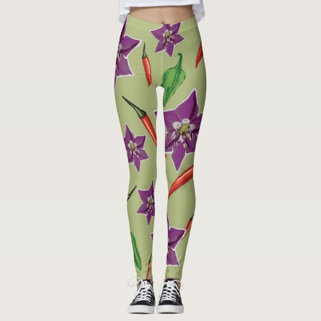 Hett Paprika, Lila Blommar Anpassningsbar Leggings (Framsida)