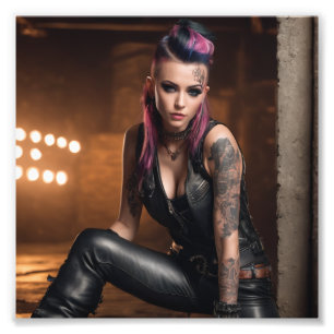 Hett Punk Tattoo Girl in Leather in Dance Studio Fototryck