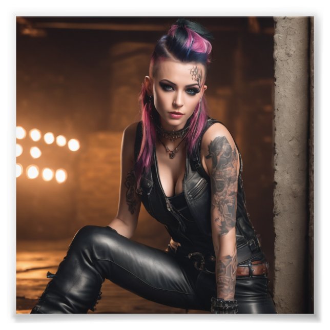 Hett Punk Tattoo Girl in Leather in Dance Studio Fototryck (Framsidan)