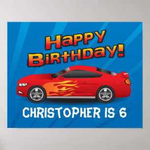 Hett Red Tävling Car med Flames Boy Födelsedagsfes Poster