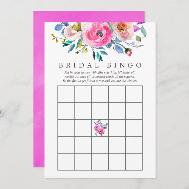 Hett-Rosa Blommigt  Möhippa Bingo Inbjudningar (Fram/baksida)