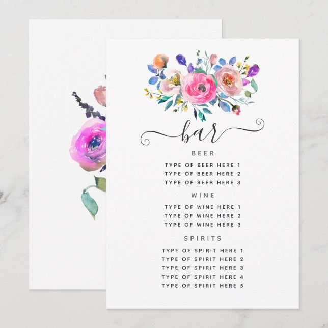 Hett-Rosa Blommigten Vintage bröllop Pub Meny (Fram/baksida)