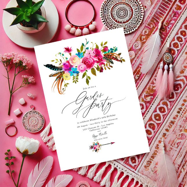 Hett-Rosa Boho Chic Blommigt Garden Party Inbjudningar (Hot-Pink Boho Chic Floral Garden Party Invitation)