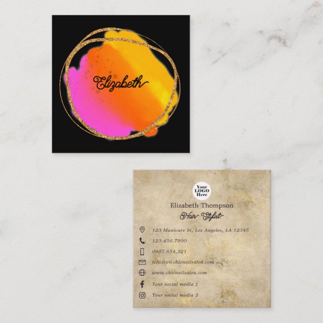 Hett-Rosa Neon och Faux Guld Glitter Fyrkantigt Visitkort (Fram/baksida)