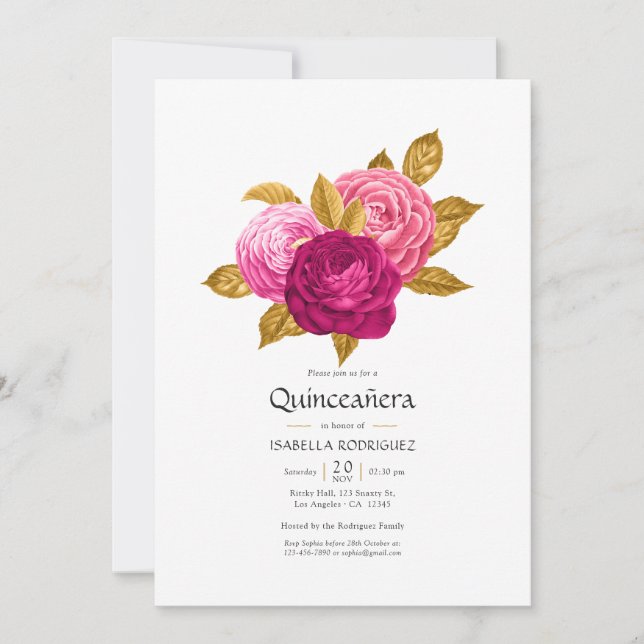 Hett-Rosa och Guld Blommigt Quinceañera Fotoinbjud Inbjudningar (Framsida)