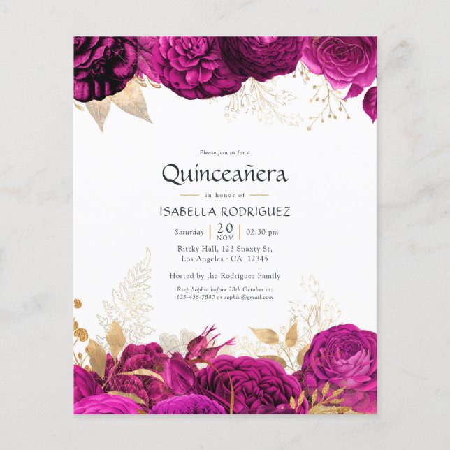 Hett-Rosa och Guld Blommigt Quinceañera-inbjudan Flygblad (Framsidan)