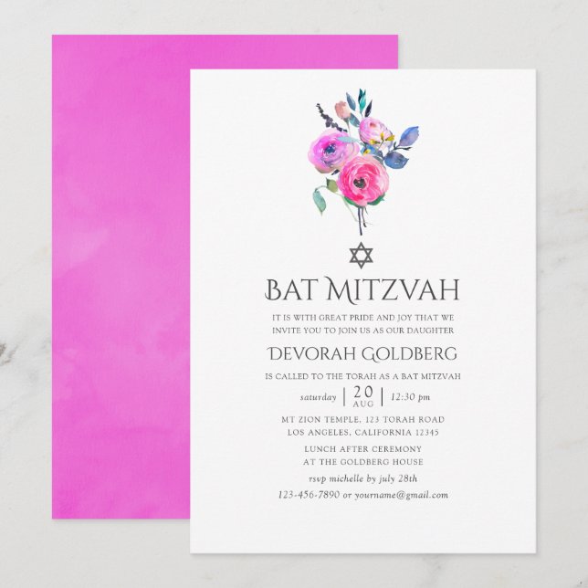 Hett-Rosa vattenfärgsBlommigt Bat mitzvah Inbjudningar (Fram/baksida)